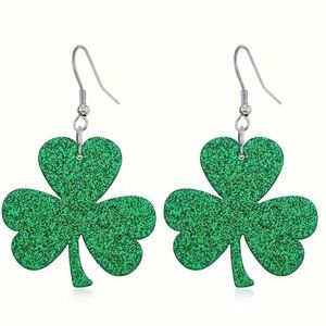Festive Green glittery bling Shamrock Earrings dangle clover st. Patrick’s Day